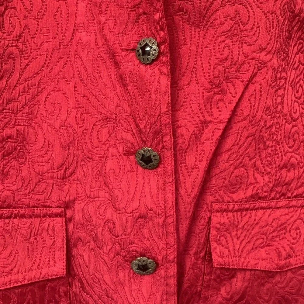 Chico's Size 2 Dark Red Floral Jacquard Blazer Jacket Mens Large‎ L 3-Button Red